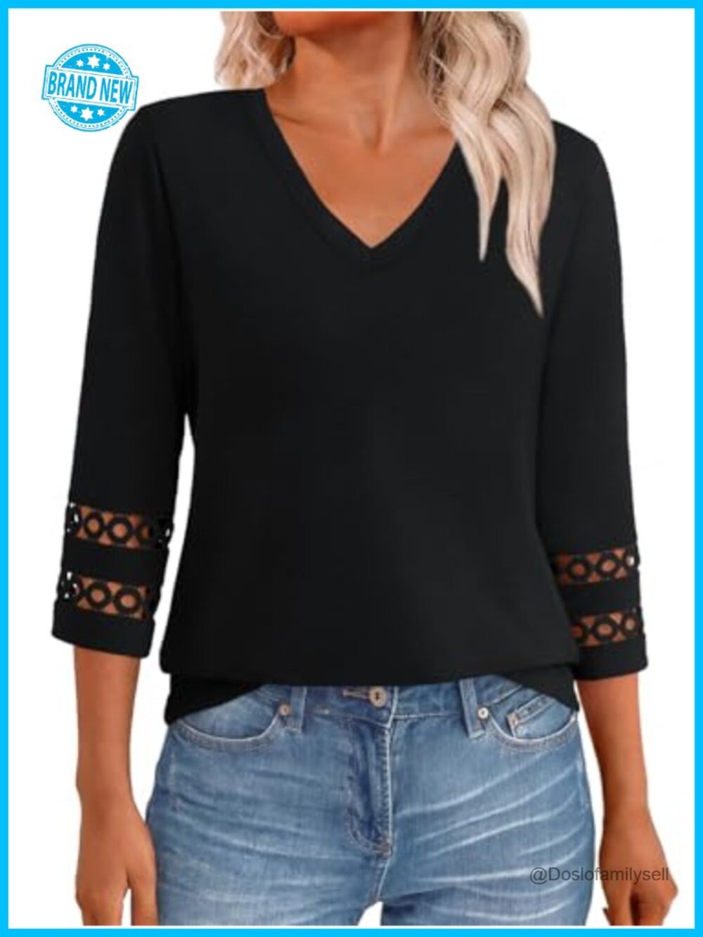 Womens 3/4 Sleeve Lace V Neck Blouse Casual Dressy Summer Top